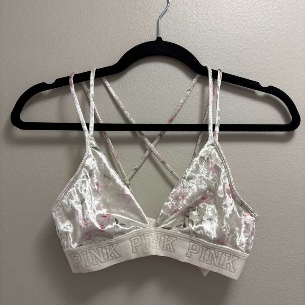 PINK by Victoria’s Secret Velour Floral Racerback Bra XS White Pink - Picture 6 of 10
